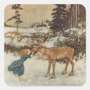 Vintage Gerda und das Rentier von Edmund Dulac Quadratischer Aufkleber
