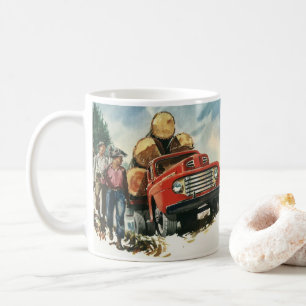 Vintage Geschäft, Holztransporter mit Holzfällern Kaffeetasse
