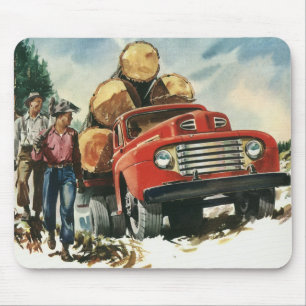 Vintage Geschäft, Holztransporter mit Holzfällern Mousepad