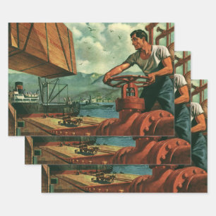 Vintage-Geschäft, Öltankerschiff mit Dockarbeiter Geschenkpapier Set