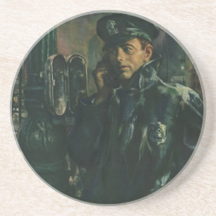 Vintage Geschäft, Polizist am Notruftelefon Sandstein Untersetzer