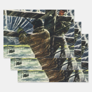 Vintage Geschäftselektriker bei Schneesturm Geschenkpapier Set