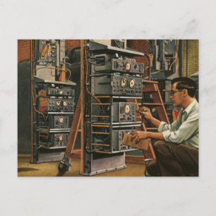 Vintage Geschäftsfunk-Techniker repariert Ausrüstu Postkarte