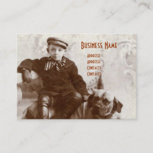 Vintage Geschäftskarten von dickem Jungen mit Hund Visitenkarte