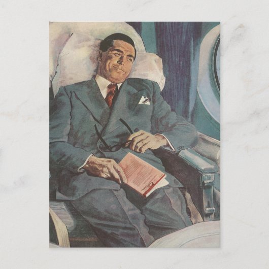 Vintage Geschäftsreise, Lesen im Flugzeug Postkarte (Vorderseite)