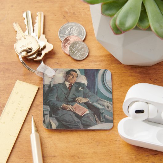 Vintage Geschäftsreise, Lesen im Flugzeug Schlüsselanhänger (Schreibtisch)