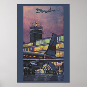 Vintage Geschäftsreisende im Flugzeug am Flughafen Poster