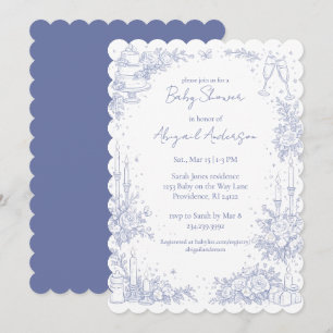Vintage geschweifte blaue und weiße Babyparty  Einladung