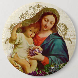 Vintage gesegnete Jungfrau Mary mit Jesus-Trauben Button
