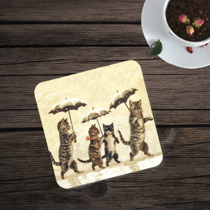 Vintage gestreifte Katzen Regenschirme Tanzender S Untersetzer