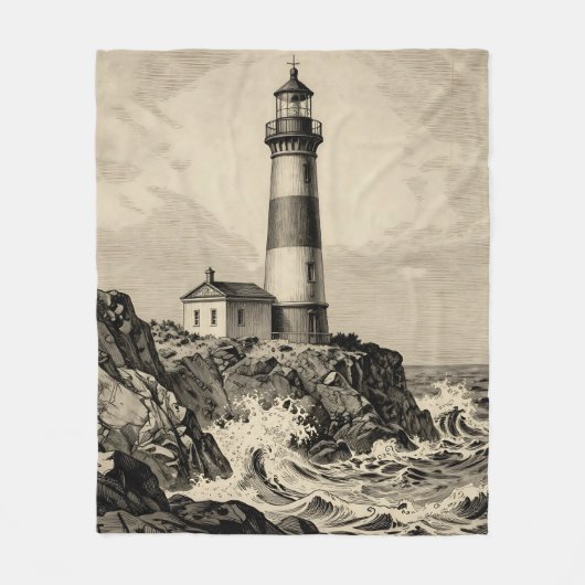 Vintage gestreifter Leuchtturm stürmische Küste Fleecedecke (Vorderseite)