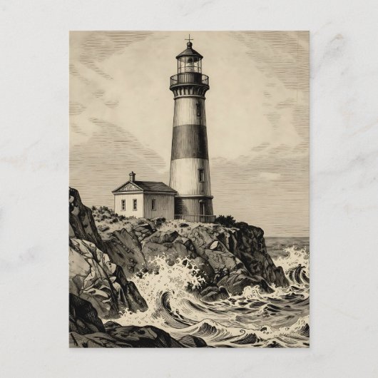 Vintage gestreifter Leuchtturm stürmische Küste Postkarte (Vorderseite)