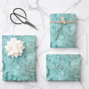 Vintage gestresste Mode Paris Türkis Aqua Geschenkpapier Set