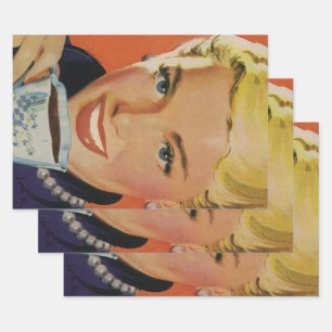 Vintage Getränke, glückliche Frau mit Kaffee-Tasse Geschenkpapier Set