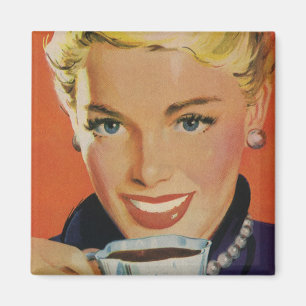 Vintage Getränke, glückliche Frau mit Kaffee-Tasse Magnet