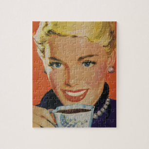 Vintage Getränke, glückliche Frau mit Kaffee-Tasse Puzzle