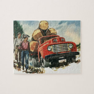 Vintage-Gewerbe, Holztransporter mit Holzfällern Puzzle