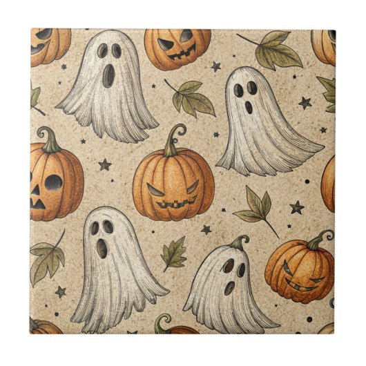 Vintage Ghosts & Pumpkins Halloween-Muster Fliese (Vorderseite)