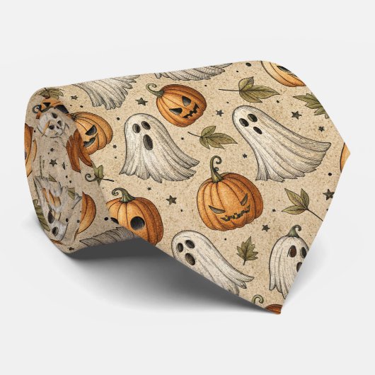 Vintage Ghosts & Pumpkins Halloween-Muster Krawatte (Gerollt)