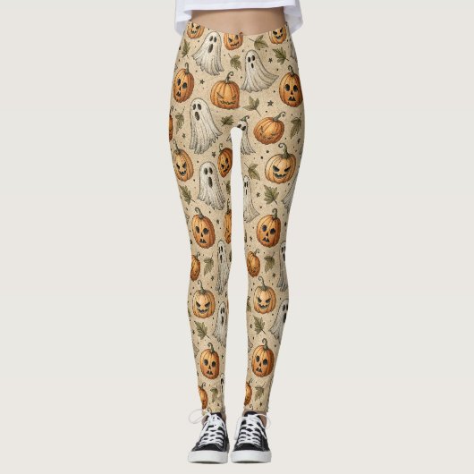 Vintage Ghosts & Pumpkins Halloween-Muster Leggings (Vorderseite)