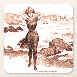 Vintage Gibson Girl Strand Meerjungfrau Badeanzug- Rechteckiger Pappuntersetzer