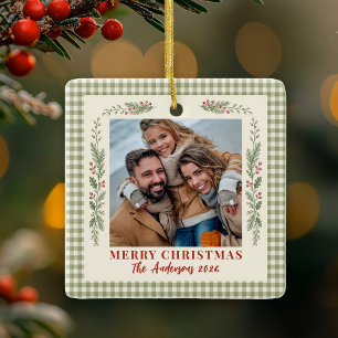 Vintage-Gingham-Weihnachtsfoto der Familie Keramikornament