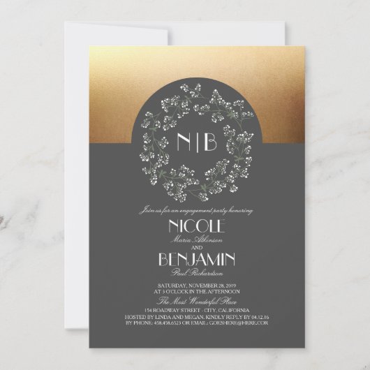 Vintage Gipskraut Wath Gold-Engagement-Partei Einladung (Vorderseite)