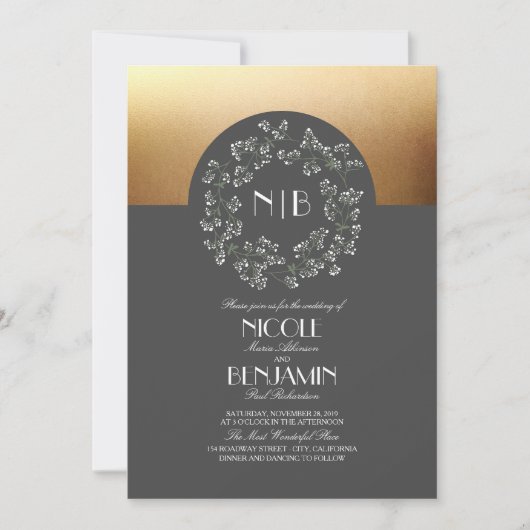 Vintage Gipskraut Wreath Gold-Hochzeit Einladung (Vorderseite)