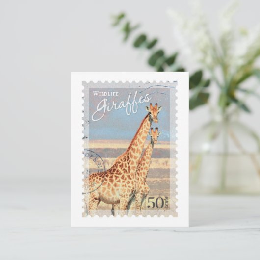 Vintage Giraffe Briefmarke Postkarte (Stehend Vorderseite)