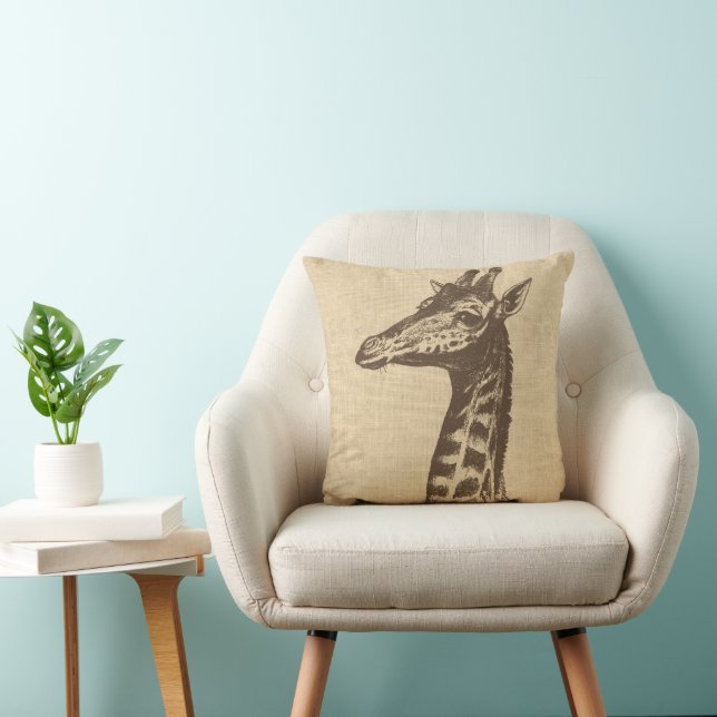 Vintage Giraffe-Illustration auf Burlap Kissen (Stuhl )