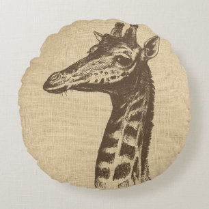 Vintage Giraffe-Illustration auf Burlap Rundes Kissen