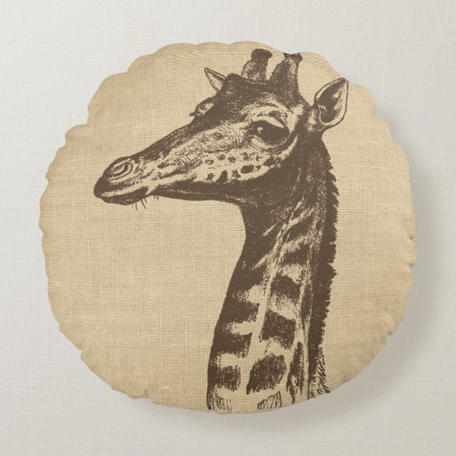 Vintage Giraffe-Illustration auf Burlap Rundes Kissen (Vorderseite)