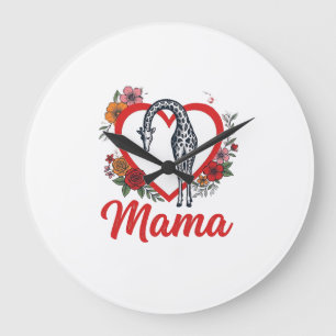 Vintage Giraffe Mama Floral Heart Shirt Design_1 Große Wanduhr