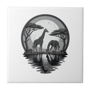Vintage-Giraffen-Mond-Silhouette-Safari-Vektor-Des Fliese