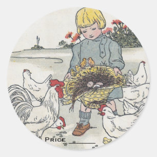 Vintage Girl And Chickens Preisetiketten Runder Aufkleber