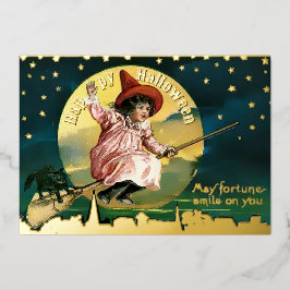Vintage Girl & Black Cat auf Broom Halloween Folien Feiertagskarte