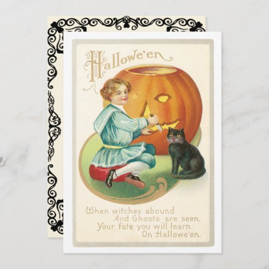 Vintage Girl Carving ein KürbisHalloween Einladung (Vorne/Hinten)