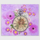 Vintage Girl Clock Lila Blumengiftpackung Geschenkpapier (Flach)