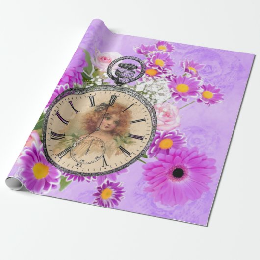 Vintage Girl Clock Lila Blumengiftpackung Geschenkpapier (Ungerollt)