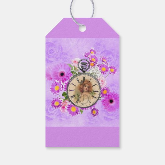 Vintage Girl Clock Lila Blumenzettel Geschenkanhänger (Rückseite)