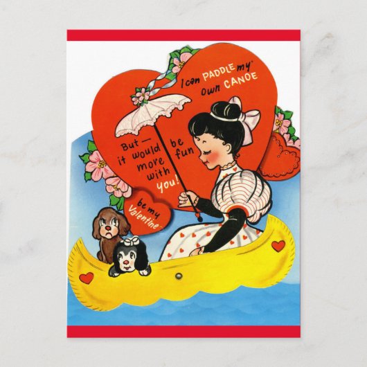 Vintage Girl & Hunde im Kanu Valentine Postkarte (Vorderseite)