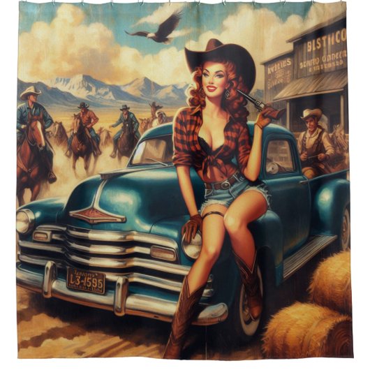 Vintage Girl-Illustration Duschvorhang (Vorderseite)