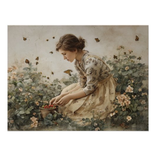 Vintage Girl In Bloom Garden Art Poster (Vorderseite)