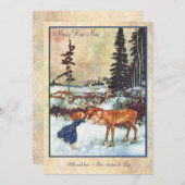 Vintage Girl Kissing Elche Card Feiertagskarte (Vorne/Hinten)