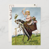 Vintage Girl Riding Insect Postcard Postkarte (Vorne/Hinten)