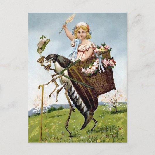 Vintage Girl Riding Insect Postcard Postkarte (Vorderseite)
