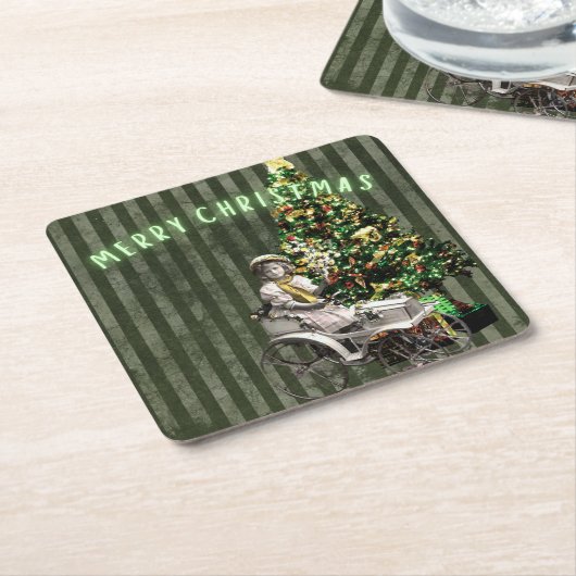 Vintage Girl & Tree Holiday Scene Rechteckiger Pappuntersetzer (angewinkelt)