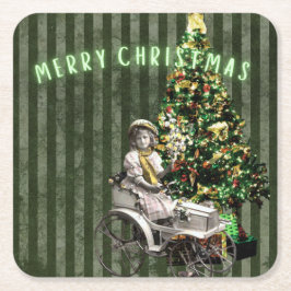 Vintage Girl & Tree Holiday Scene Rechteckiger Pappuntersetzer