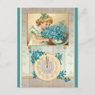 Vintage Girl und Vergissmeinnicht Frohes Neues Jah Postkarte