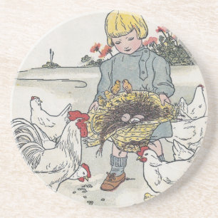 Vintage Girl With Chickens, E is an Egg Untersetzer